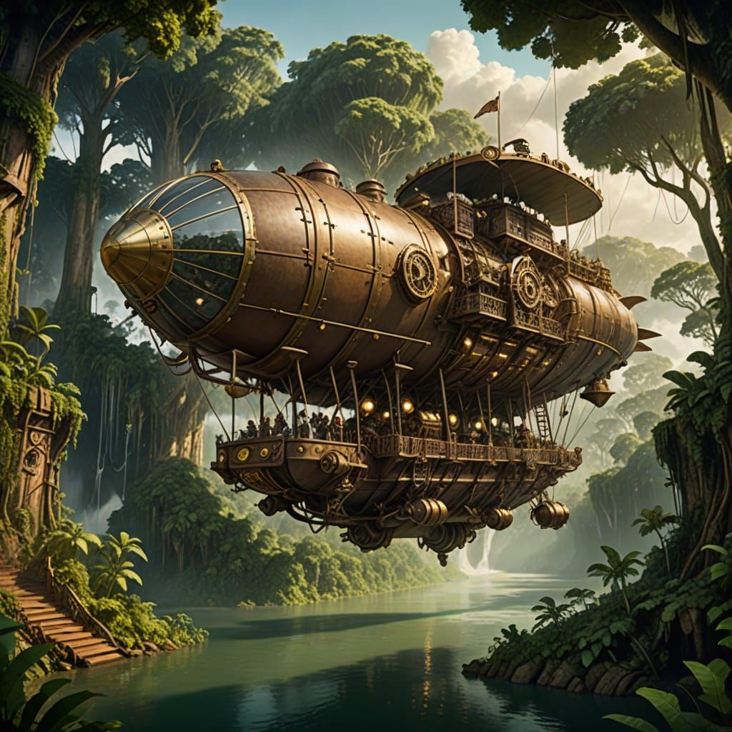 Steampunk Airship Over Amazon Jungle in Fantasy Art Style