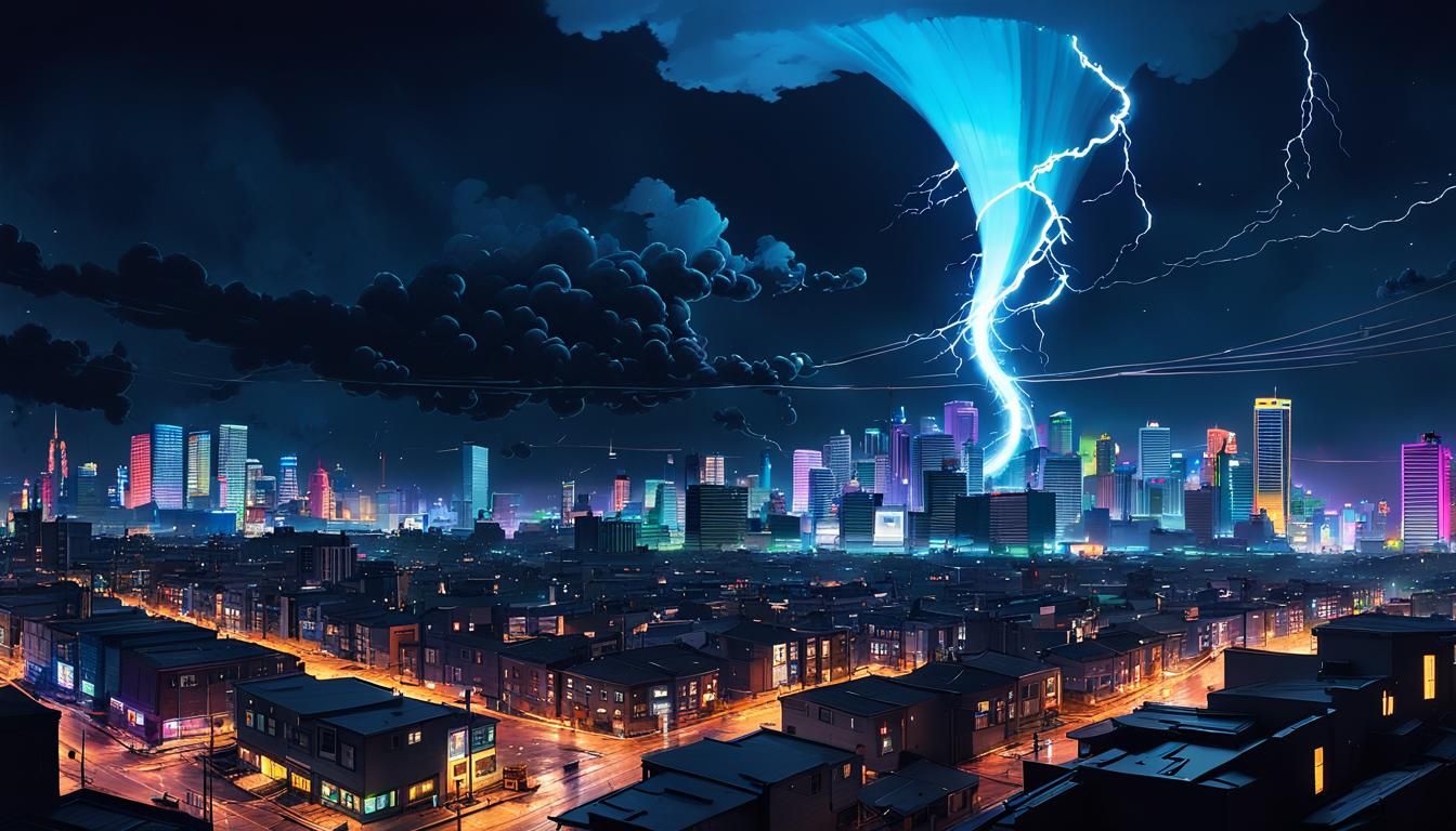 Cyberpunk Tornado Devastates Cartoon City in Pop Art Style