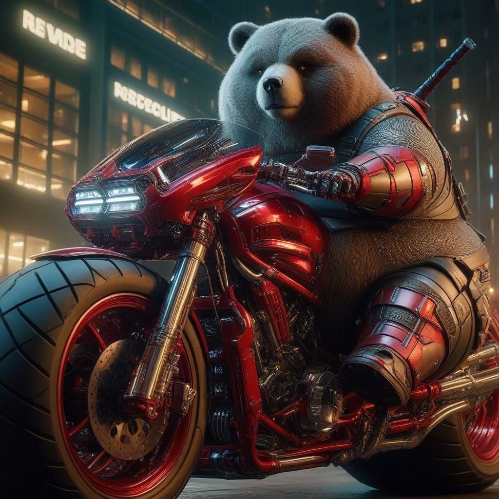 Cyberpunk Deadpool-Bear on Tech Motorcycle