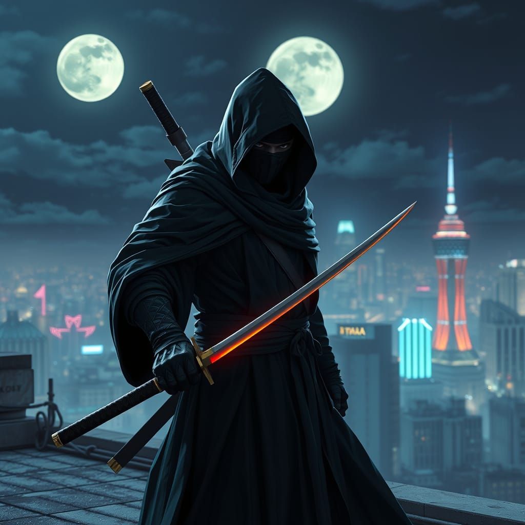 Cyberpunk Ninja on Rooftop Under Moonlight