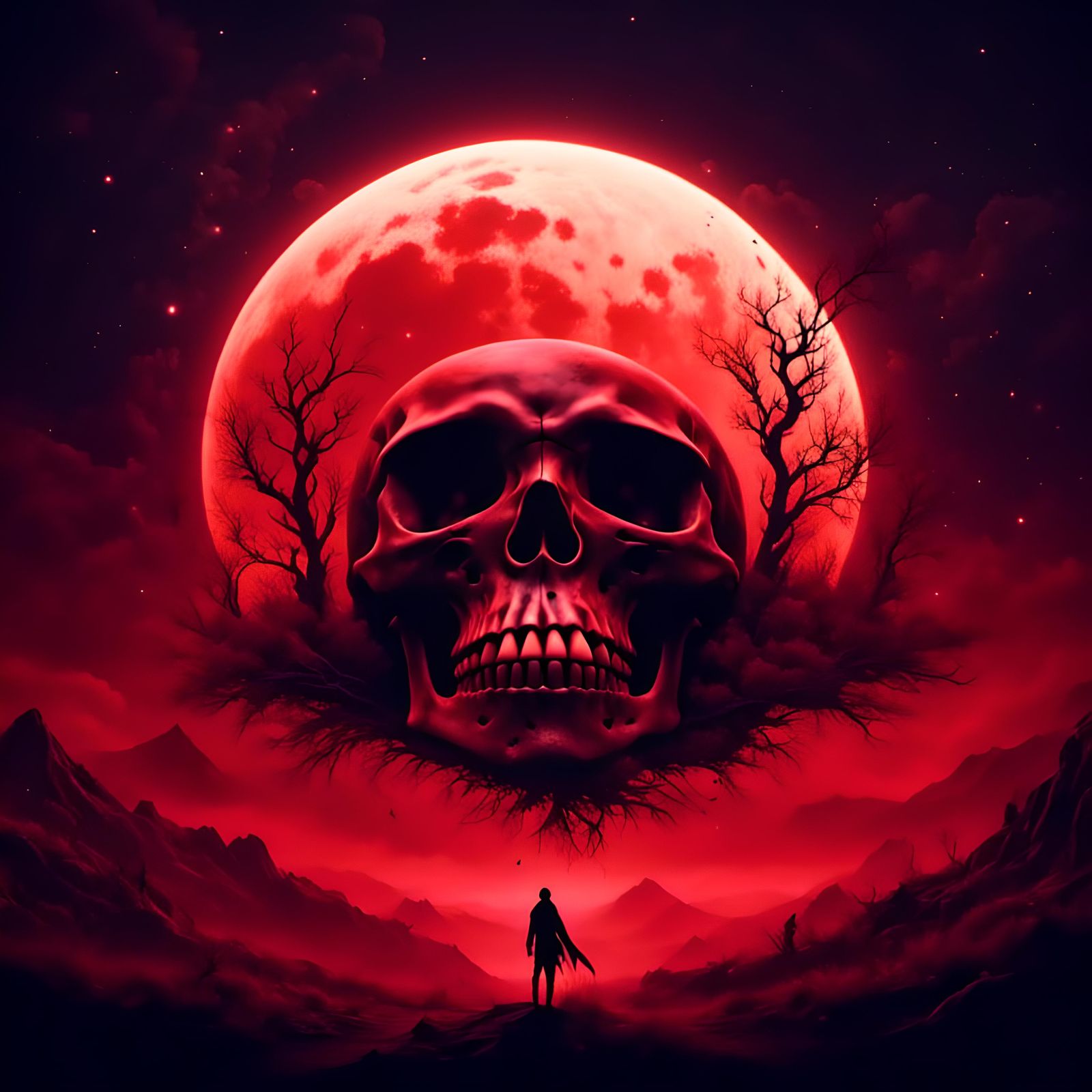 skull face in a vibrant red moon landscape