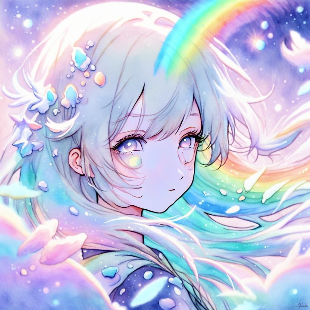 Pastel Rainbow Girl Portrait in Watercolor Style