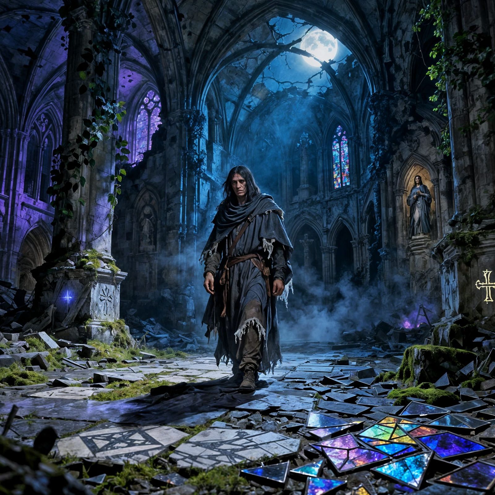 Pilgrim in Gothic Cathedral Ruin by Ethereal Moonlight