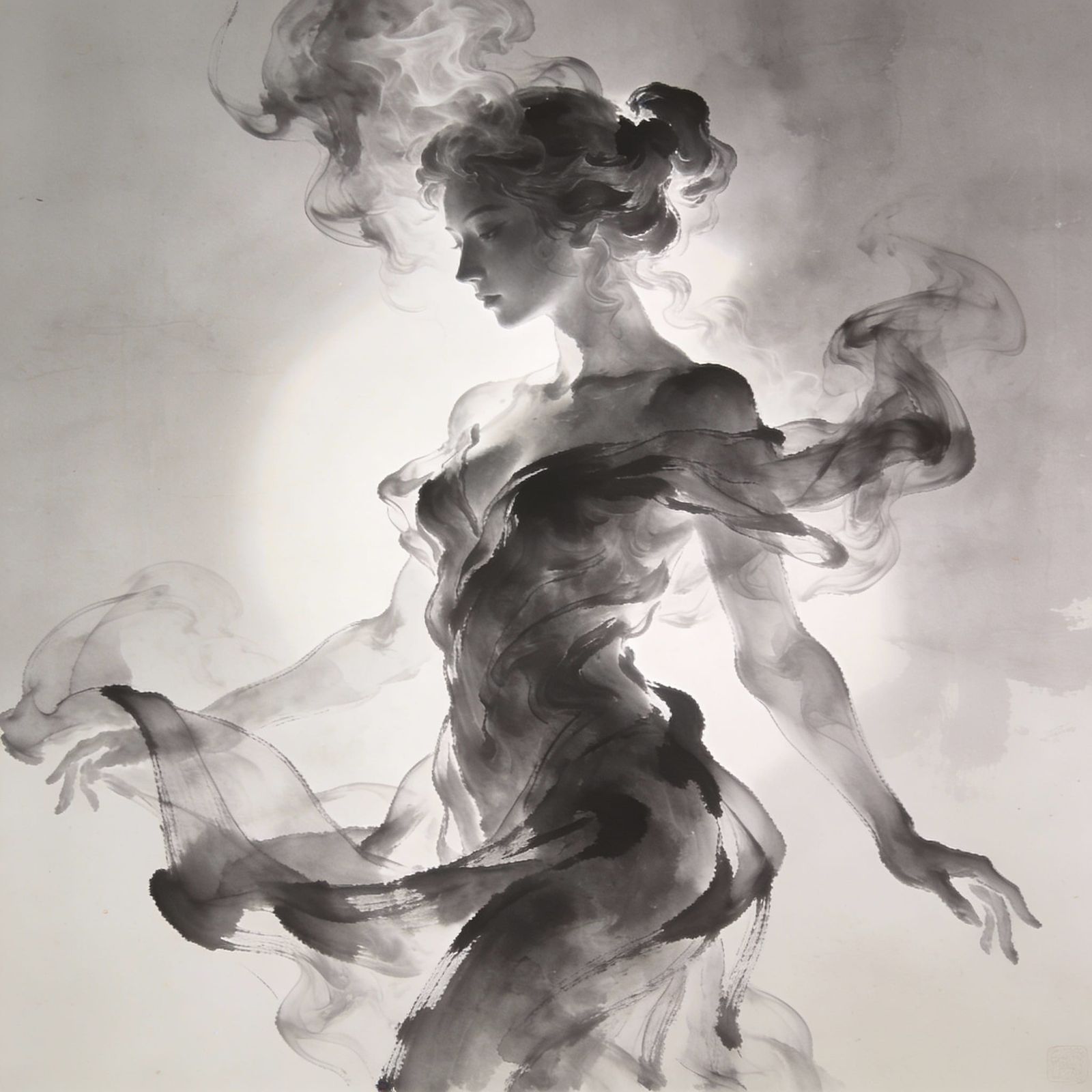 Smoke Sculpture Portrait of a Woman in Ink Wash Style