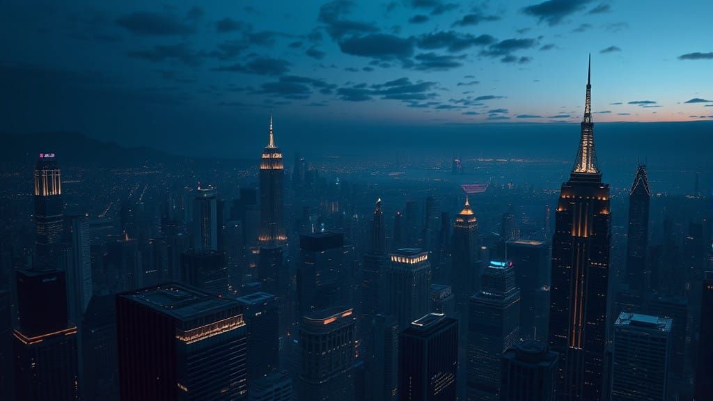 Cyberpunk Metropolis Dawns in Dark Blue and White