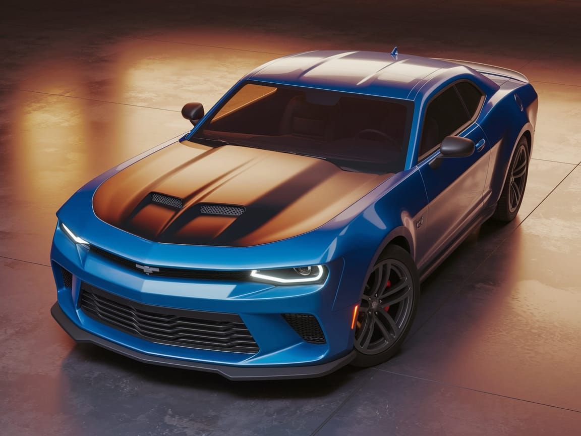 Modern American Muscle Car in Metallic Blue and Matte Black