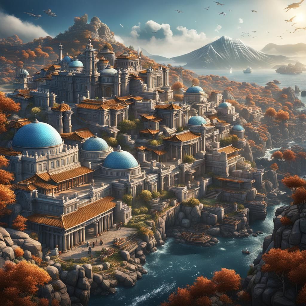 Futuristic Cityscape Combining Greece and Korea