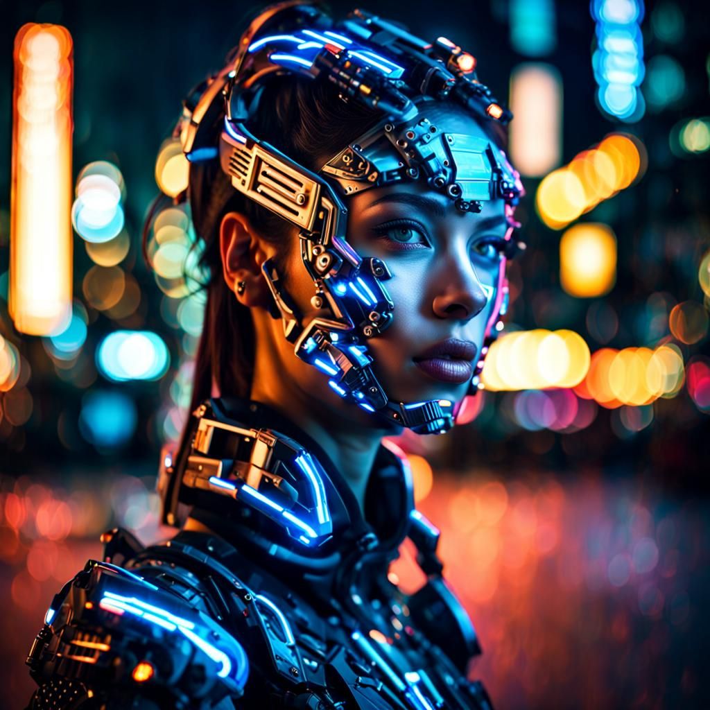 Cyborg Girl with Futuristic Armor in Neon City