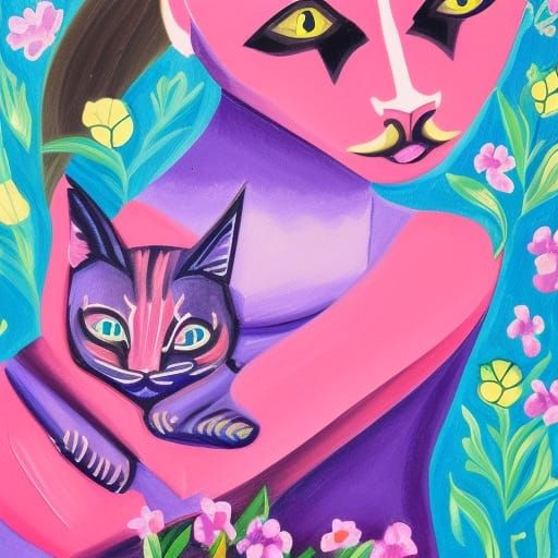 Detailed Gouache Painting: Cat-Human Mother in Garden