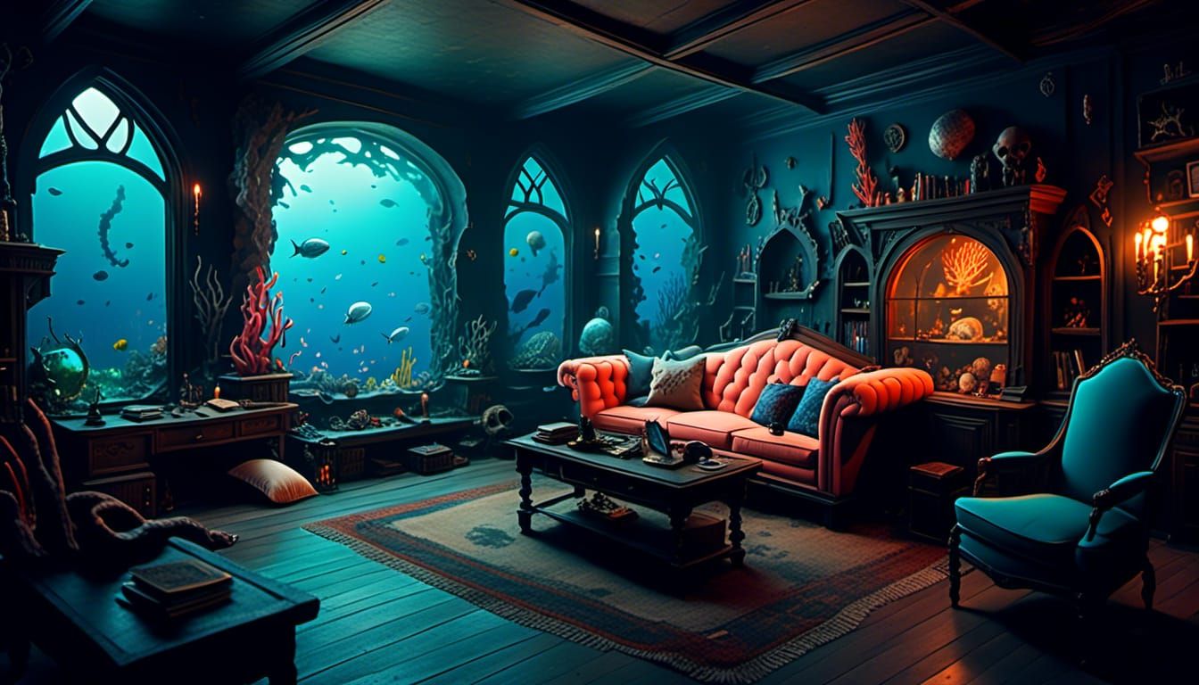 Surreal Underwater Gaming Room with Coral View