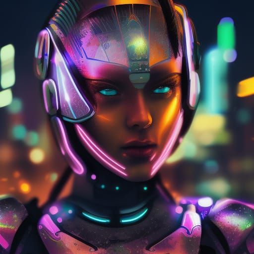 Cyborg Girl in Neon City, Hyperrealistic Art