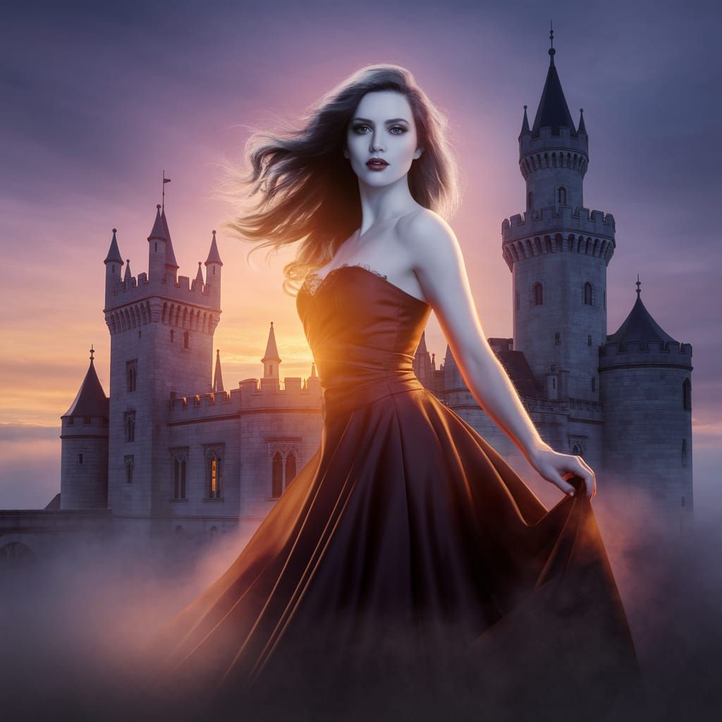 Gothic Castle Illuminated by a Glowing Vampire in Double Exp...