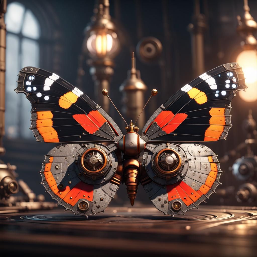 Steampunk Red Admiral Butterfly in 3D Cinematic Style