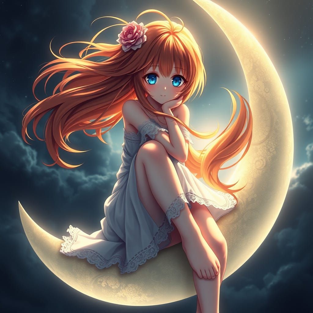 Anime Goddess Sits on Crescent Moon, Digital Matte Painting
