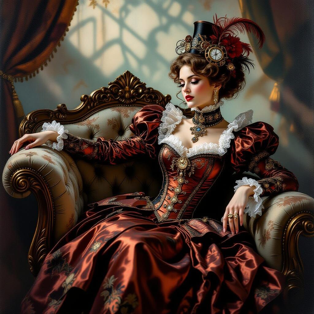 Victorian Empress in Steampunk Attire on Chaise Lounge