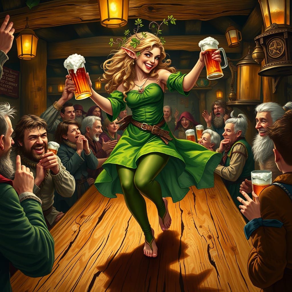 Whimsical Tavern Scene in Medieval Folklore Style