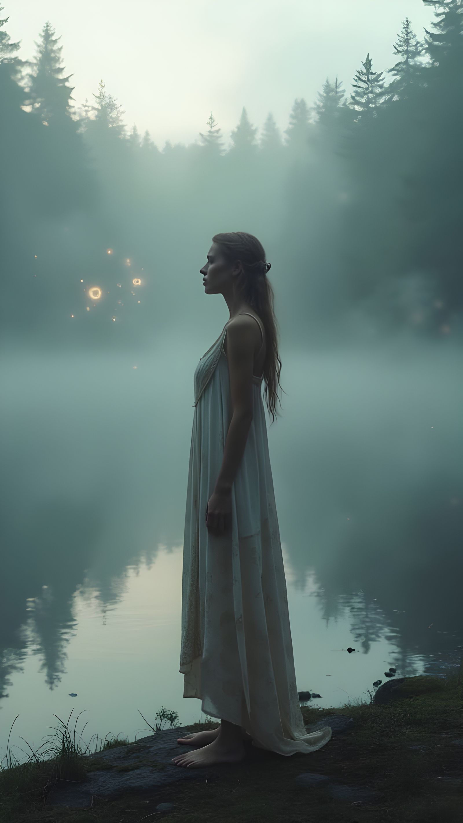 Ethereal Norse Woman by Misty Lake at Dawn