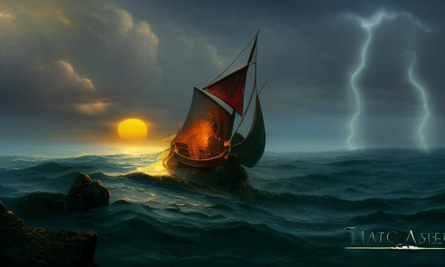 Boat in Storm Guided by Sunlight: Fantasy Art