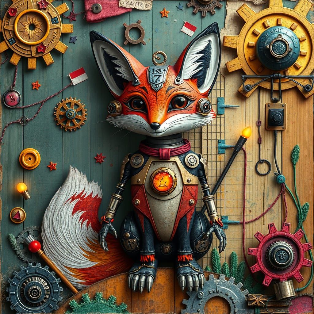 Vibrant Mech Fox in Whimsical Wonderland Collage