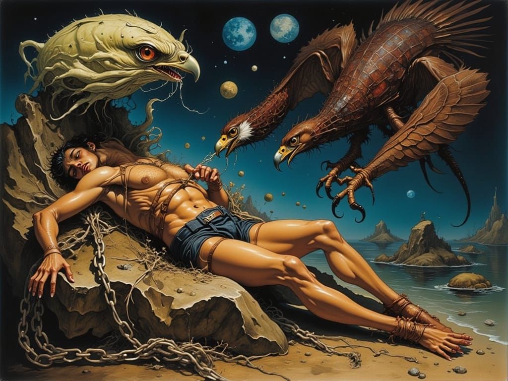 Prometheus Chained, Eagle Tearing Liver, Surrealist Oil Pain...