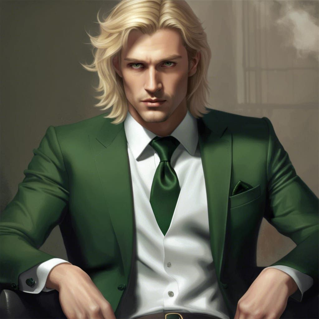 Handsome Demon Portrait in Dark Green Suit