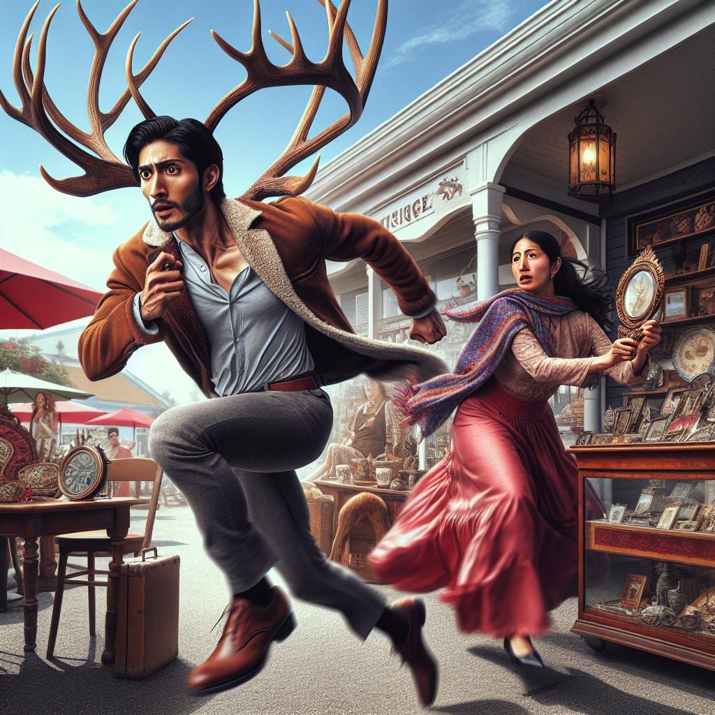 Man Flees Antique Shop with Reindeer Antlers