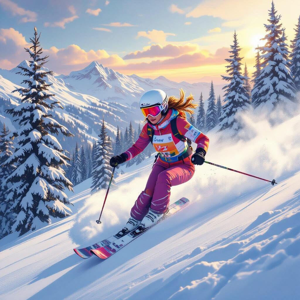 Female Skier on Snowy Mountain in Winter Landscape