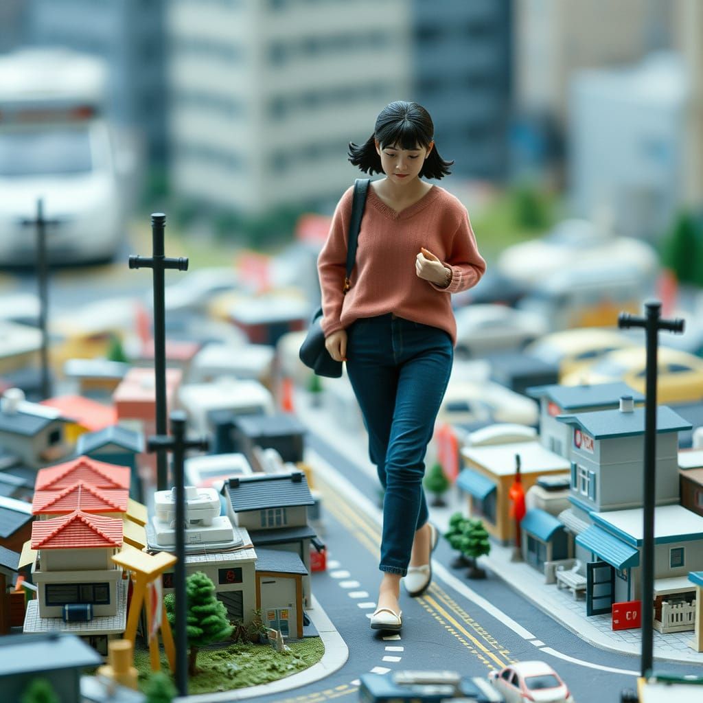Japanese Woman in Miniature City, Cinematic Photography