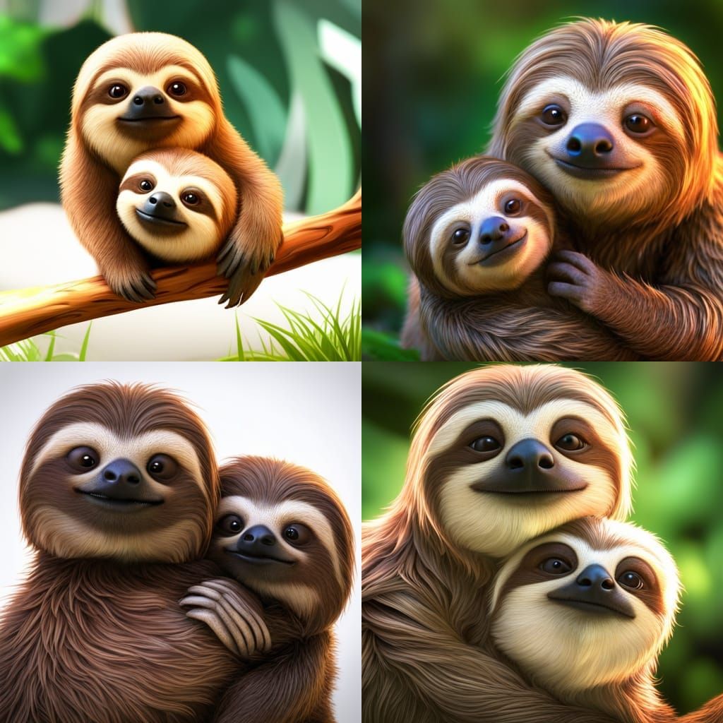Adorable Mother and Baby Sloth in 3D