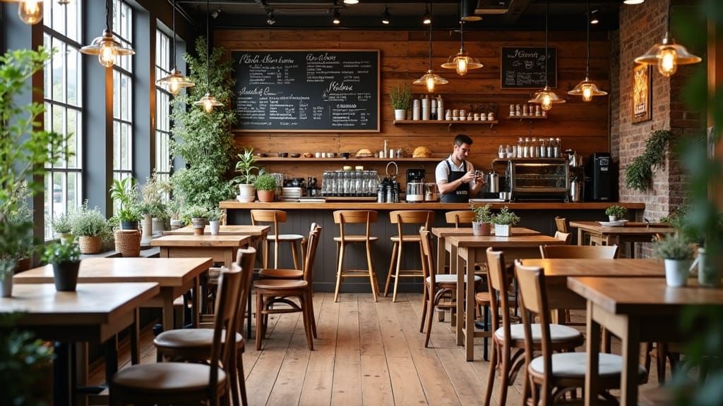 Inviting Rustic Coffee Shop Interior with Natural Light