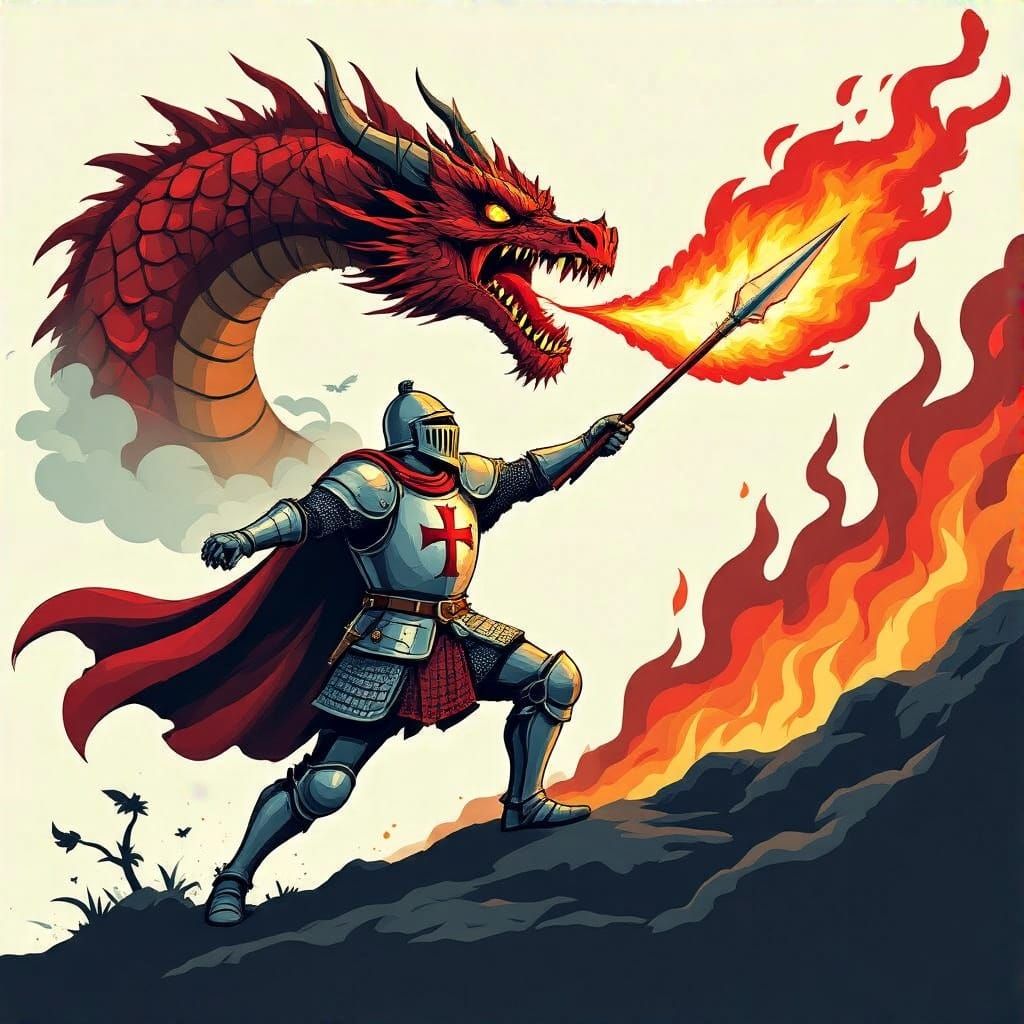 Medieval Hero Battles Fiery Dragon in Modern Vector Style