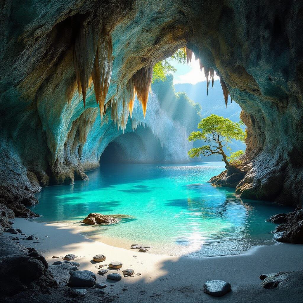Vast Cave with Turquoise Lake and Mother-of-Pearl Stalactite...