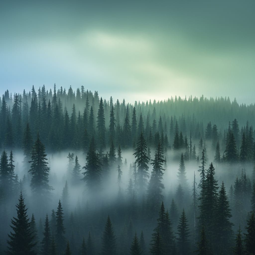 Hyperrealistic Taiga Landscape in Mystical Fog