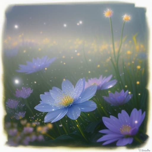 Ethereal Meadow of Flowers in Mist