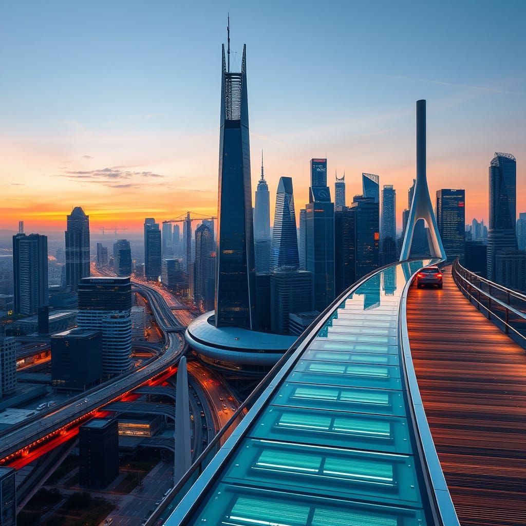 Sleek Futuristic Bridge in a Bustling Cityscape