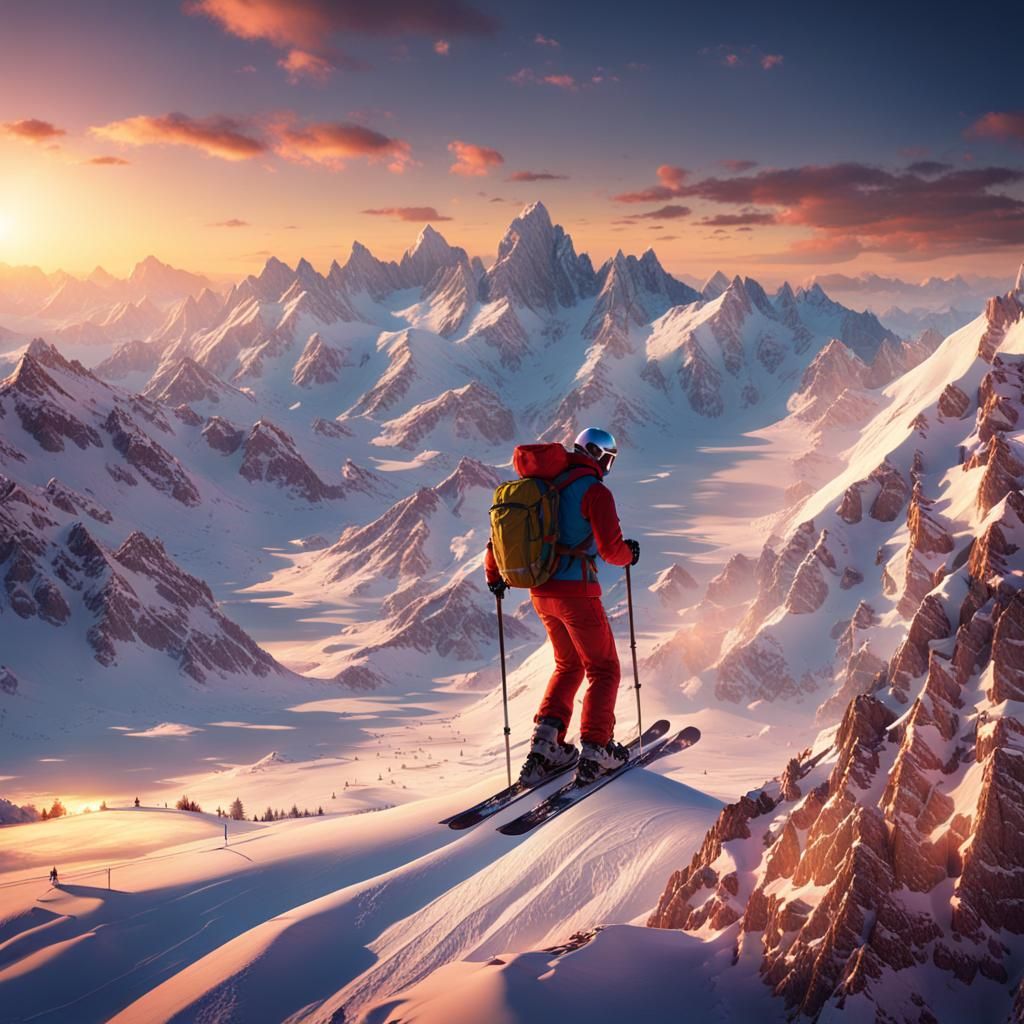Skier at Sunset in the French Alps