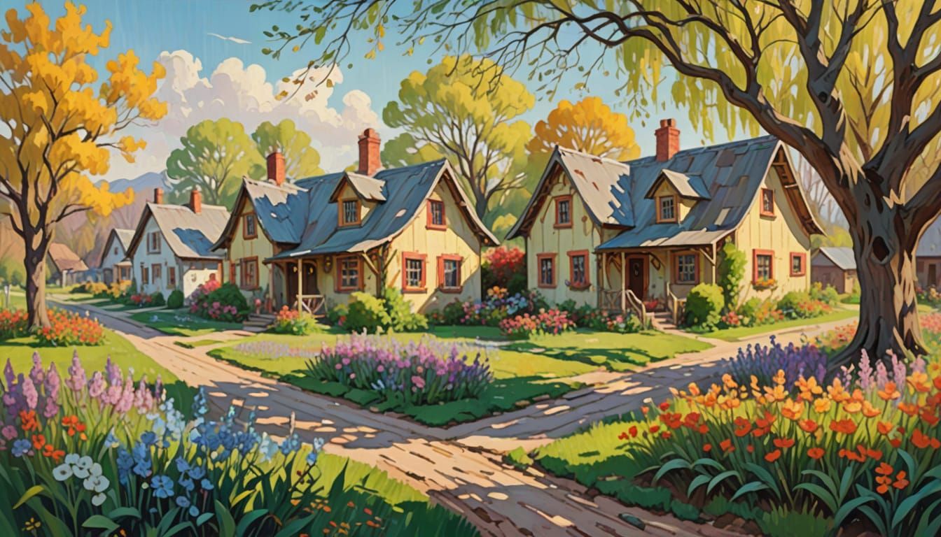 Impressionist Children Playing Near Cottages with Flowers