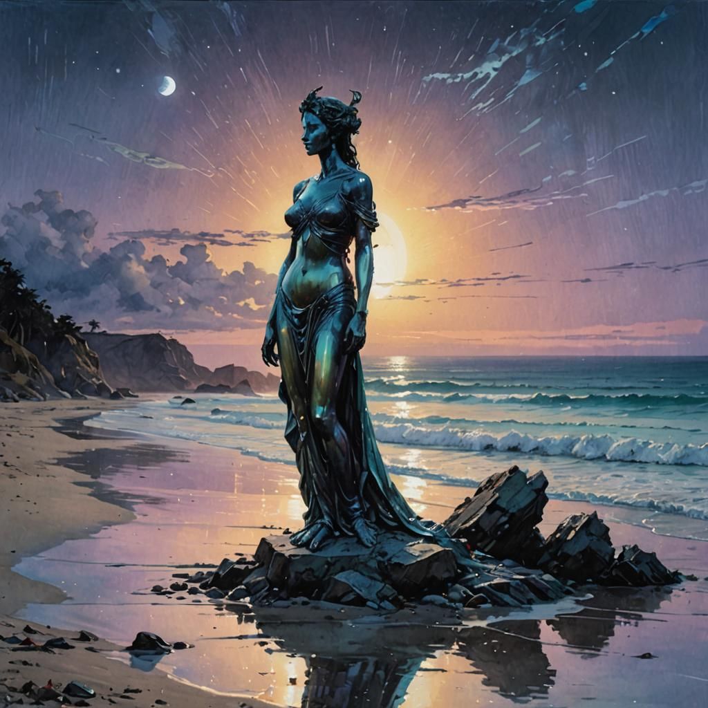 Iridescent Fantasy Statue on Beach at Dusk