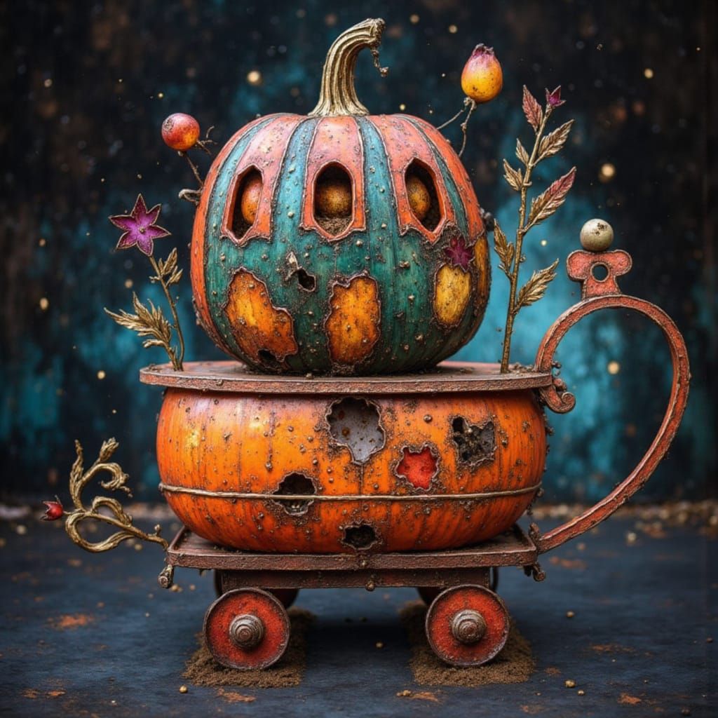 Surreal Steampunk Wagon with Pumpkin, Sparkles & Depth