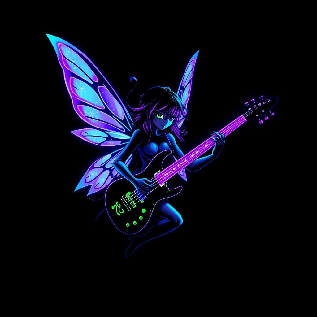 Electric Fairy Plays E-Guitar Under Blacklight