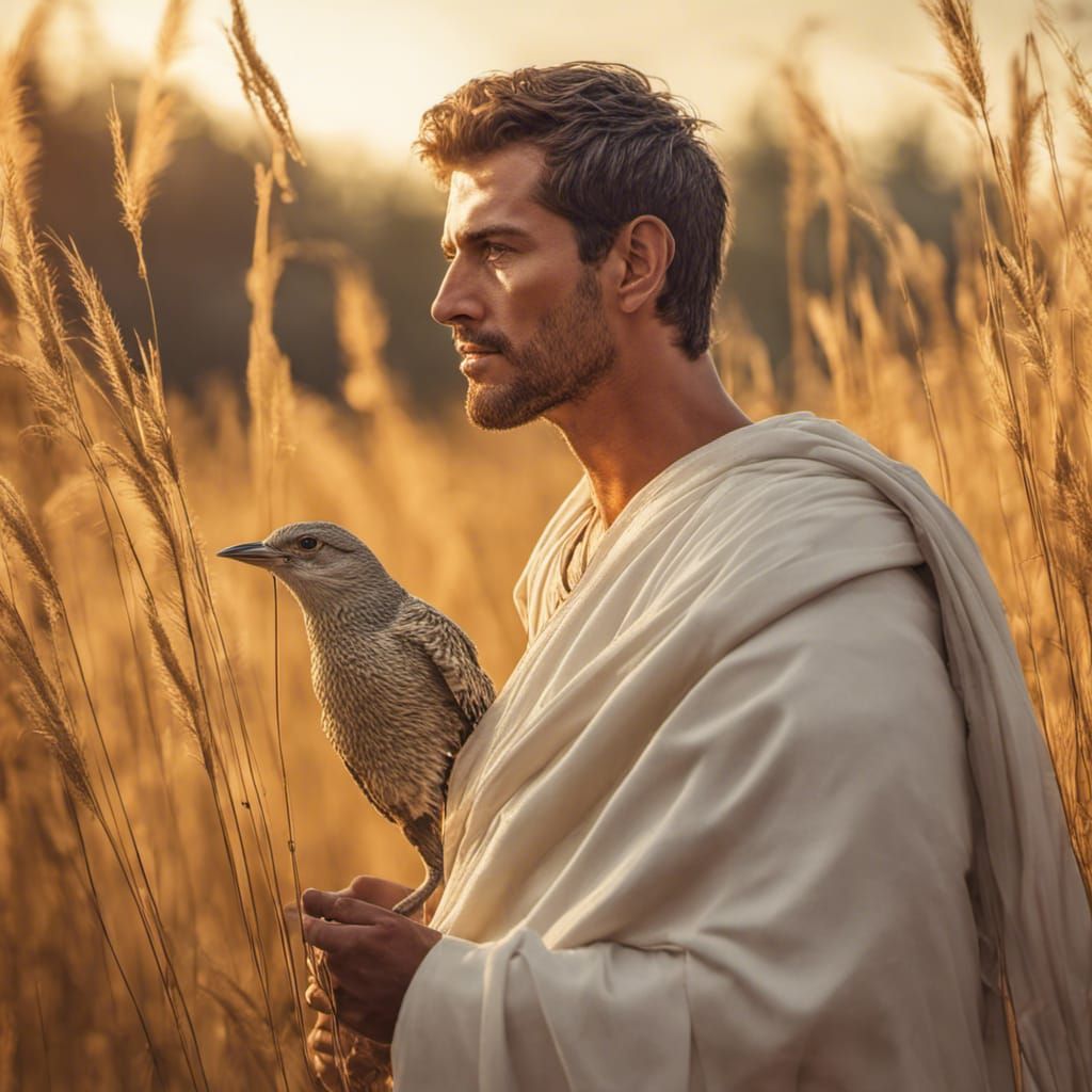 Athlete in Toga at Sunrise with Songbird