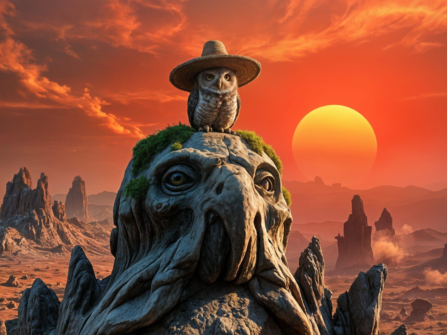 Wise Owl on Alien Planet in Cinematic Style