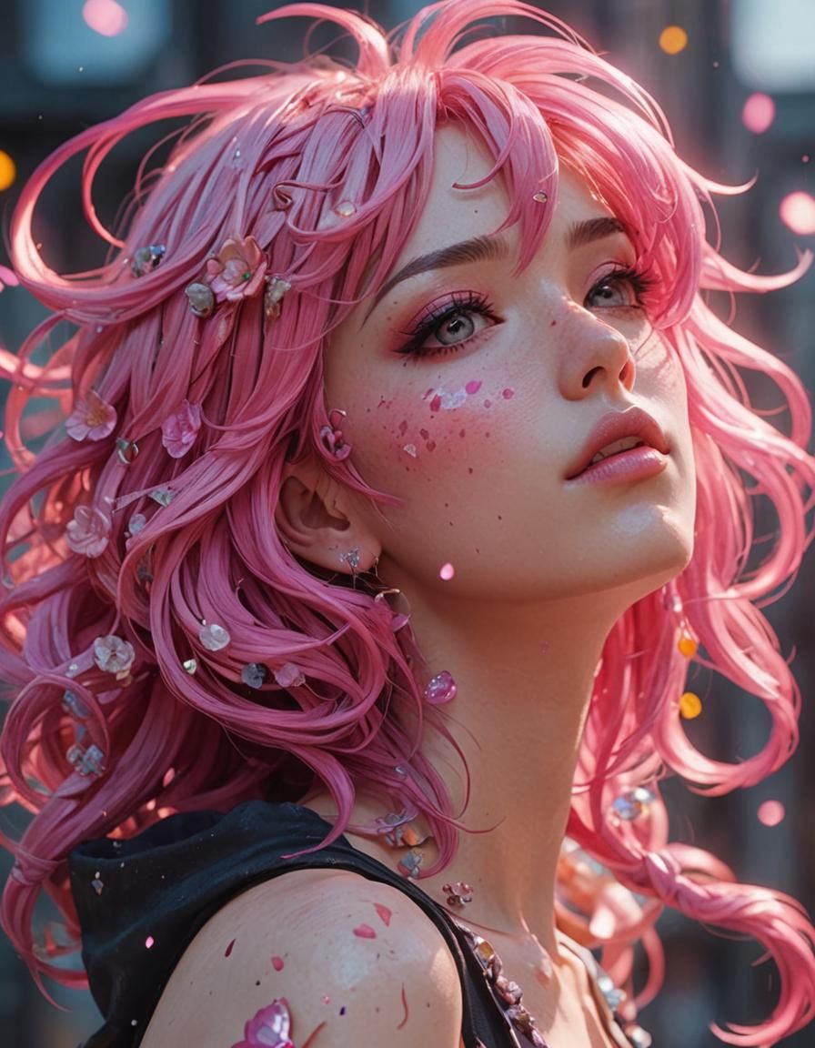 Anime Girl with Pink Hair: Detailed Matte Painting