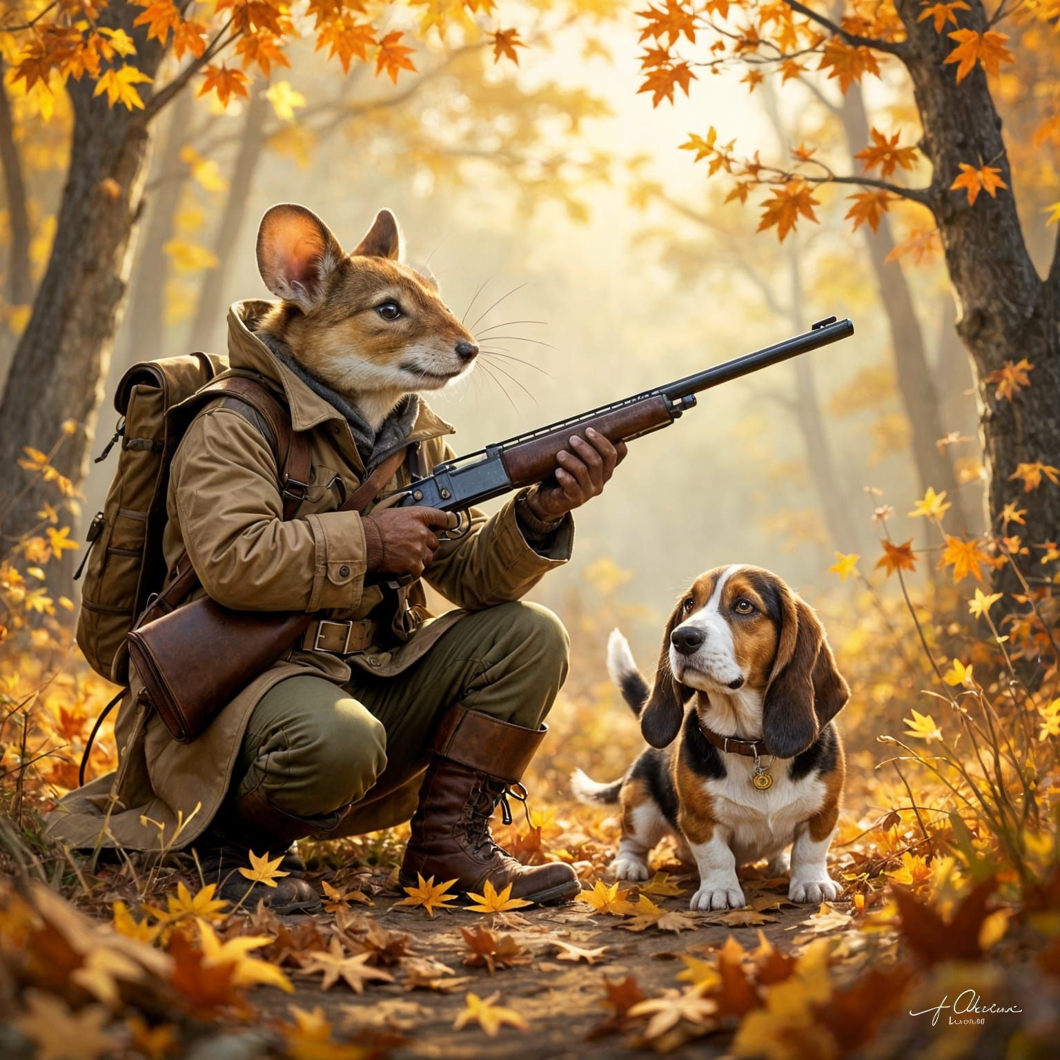 Anthropomorphic Mouse Hunter and Loyal Basset Hound in Misty...
