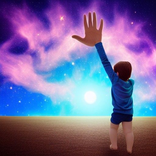 TINY HUMAN HUGGING A GIANT COSMIC HAND COMING FROM THE SKY