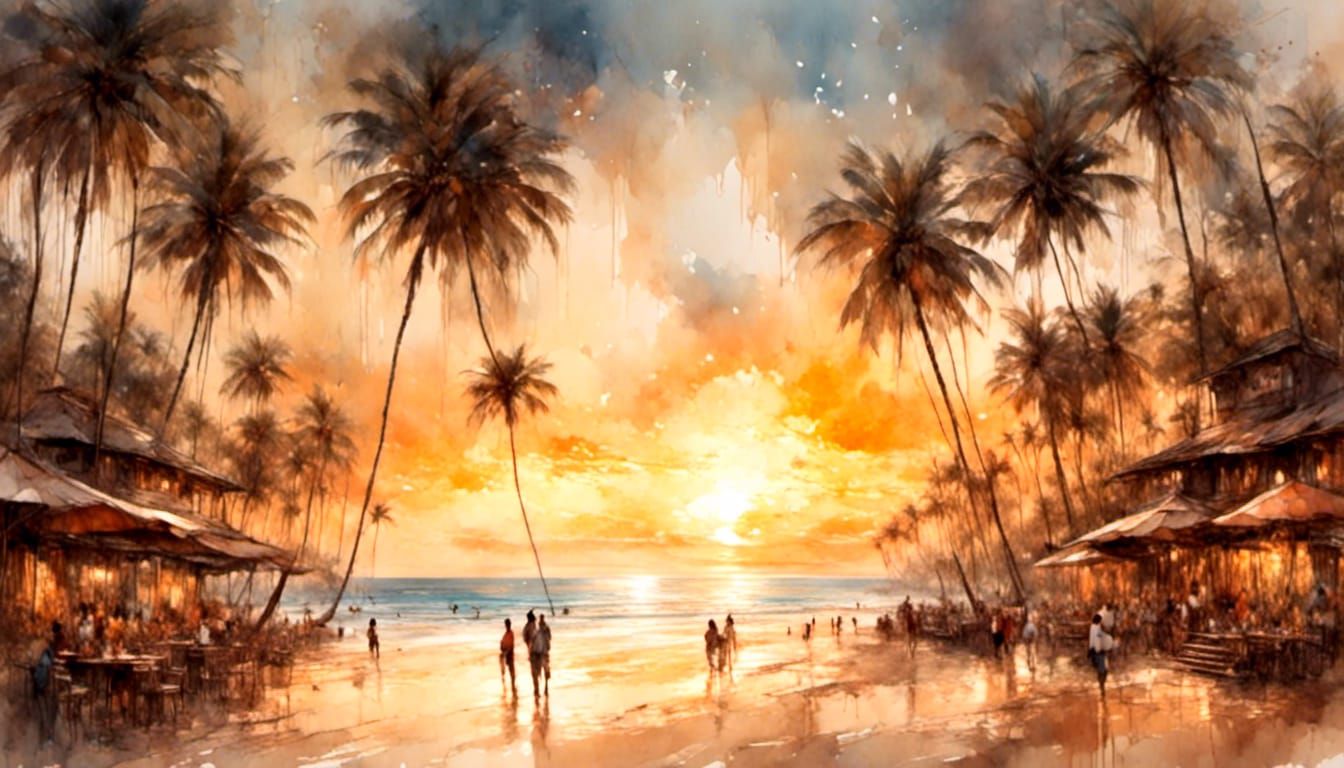 Tropical Beach Sunset in Vibrant Oil Painting Style