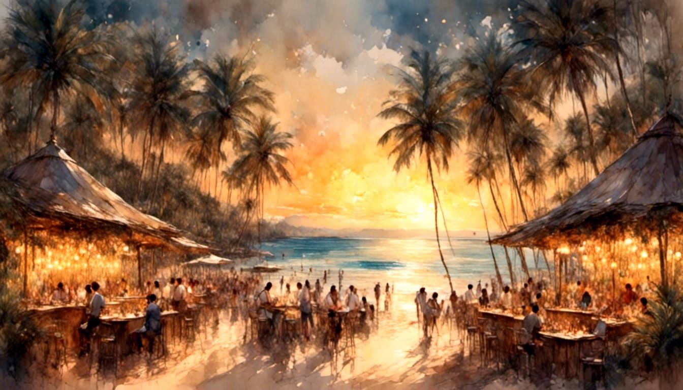 Tropical Beach Sunset in Impressionistic Style