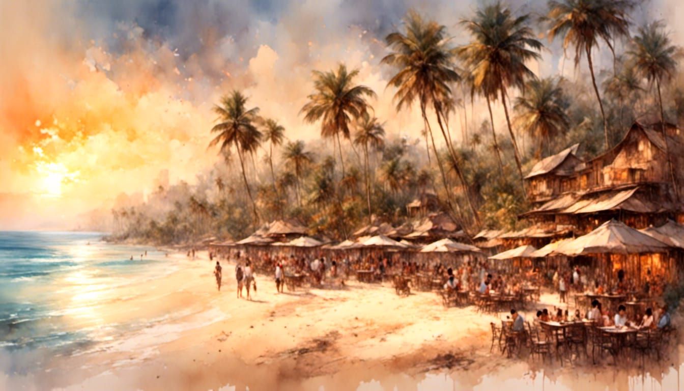Idyllic Tropical Beach at Sunset: Oil on Canvas