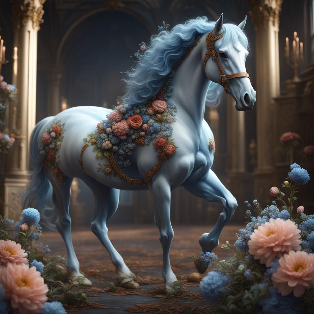 Elegant Horse and Blue Flowers: Detailed Matte Painting