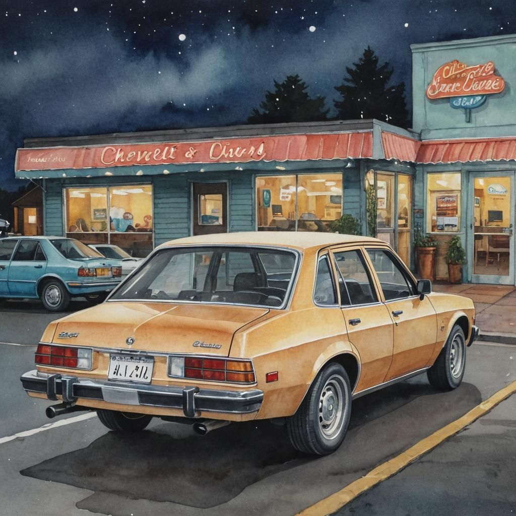 1980s Chevy Chevette Diner Scene in Watercolor